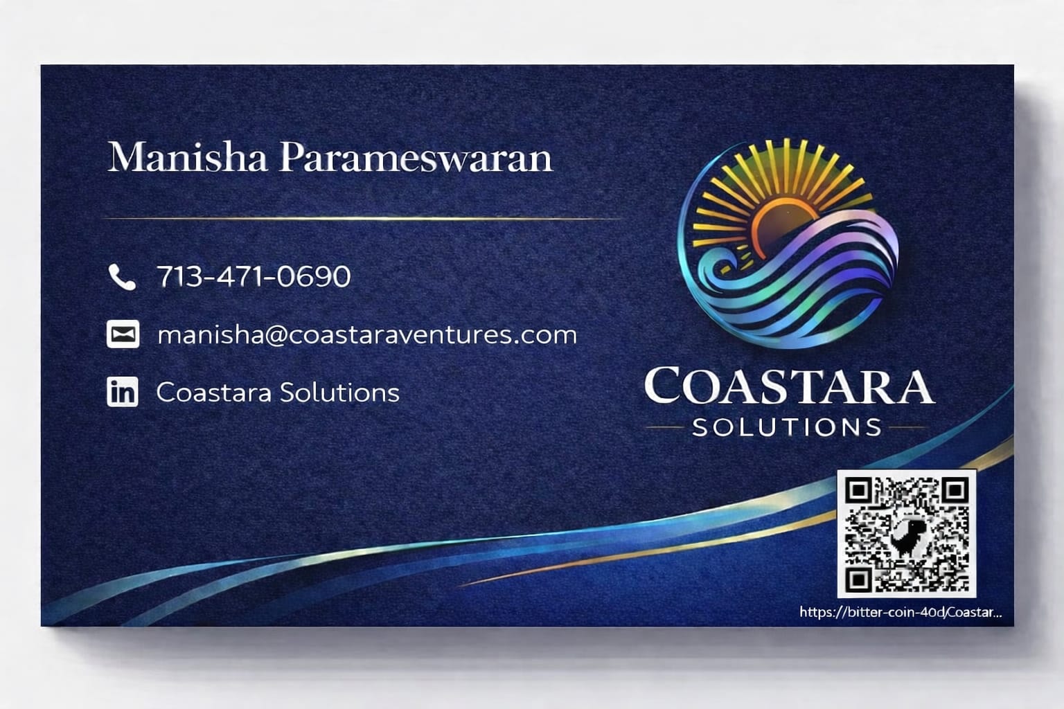 Manisha Parameswaran business card — Coastara Solutions, 713-471-0690, manisha@coastaraventures.com